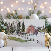 Winter Red Barn Waterverf Landschap Feestdagenkaart