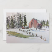 Winter Red Barn Waterverf Landschap Feestdagenkaart (Voorkant)