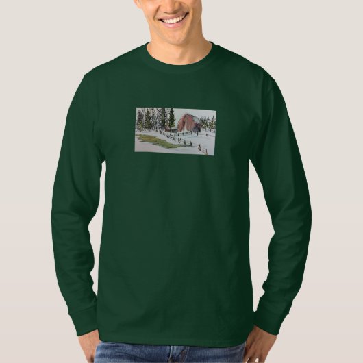 Winter Red Barn waterverf met lange mouwen t shirt (Voorkant)