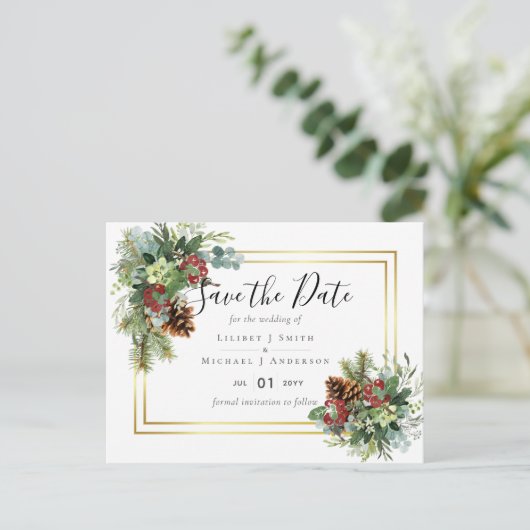 Winter Red Berries Pine Cones Wedding Briefkaart (Staand voorkant)