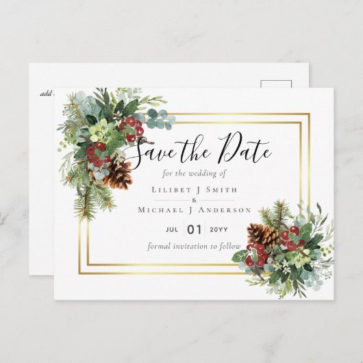 Winter Red Berries Pine Cones Wedding Briefkaart (Voorkant / Achterkant)