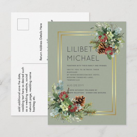 Winter Red Berries Pine Cones Wedding Briefkaart (Voorkant / Achterkant)