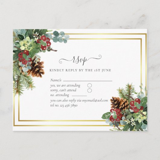 Winter Red Berries Pine Cones Wedding Briefkaart (Voorkant)