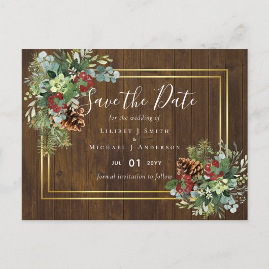 Winter Red Berries Pine Cones Wedding Briefkaart (Voorkant)