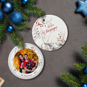 Winter Red Berries Vogels met Kerstfoto Keramisch Ornament