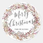 Winter Red Berry Wreath Merry Kerstmis Ronde Sticker (Voorkant)