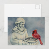 Winter Red Cardinaal Bird St Francis Waterverf Art Briefkaart (Voorkant / Achterkant)