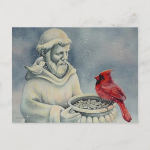 Winter Red Cardinaal Bird St Francis Waterverf Art Briefkaart