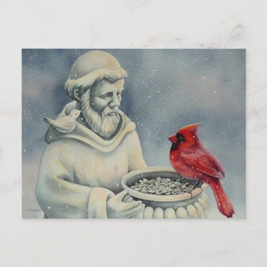 Winter Red Cardinaal Bird St Francis Waterverf Art Briefkaart (Voorkant)