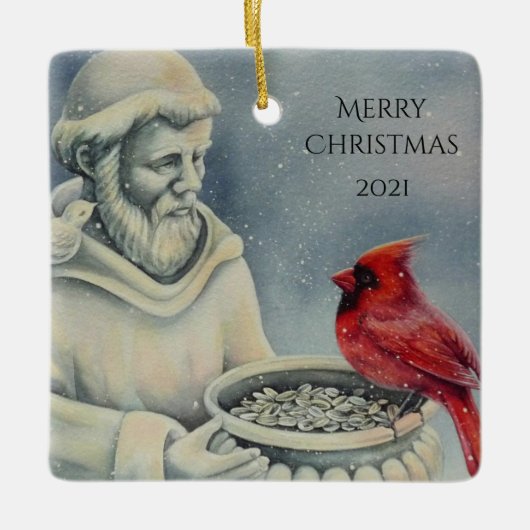 Winter Red Cardinaal Bird St Francis Waterverf Art Keramisch Ornament (Voorkant)