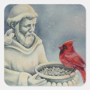 Winter Red Cardinaal Bird St Francis Waterverf Art Vierkante Sticker