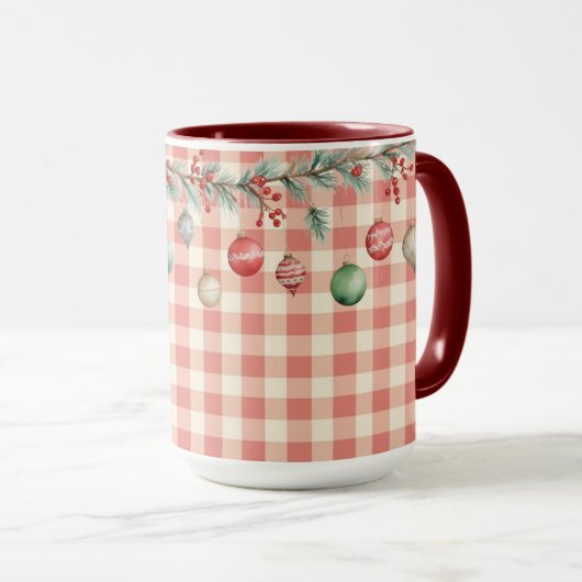 Winter Red Christmas gingham with ornaments Mok (Voorkant rechts)