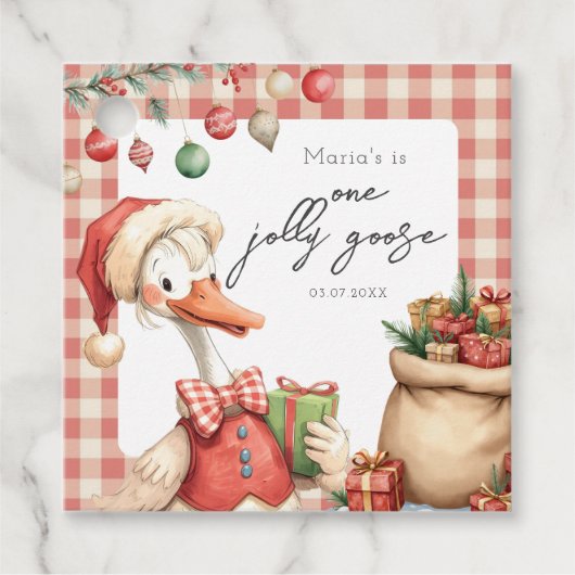 Winter Red Christmas Silly Goose  1st birthday Bedankjes Labels (Voorkant)