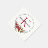 Winter Red Floral Aangepaste Monogram Naam Servet (Hoek)