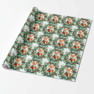 Winter Red Fox Green Berries Baby shower Cadeaupapier