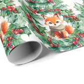 Winter Red Fox Green Berries Baby shower Cadeaupapier (Rol Hoek)