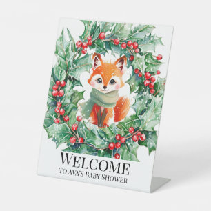 Winter Red Fox Green Berries Baby shower Welkom Reclamebord Met Voetstuk