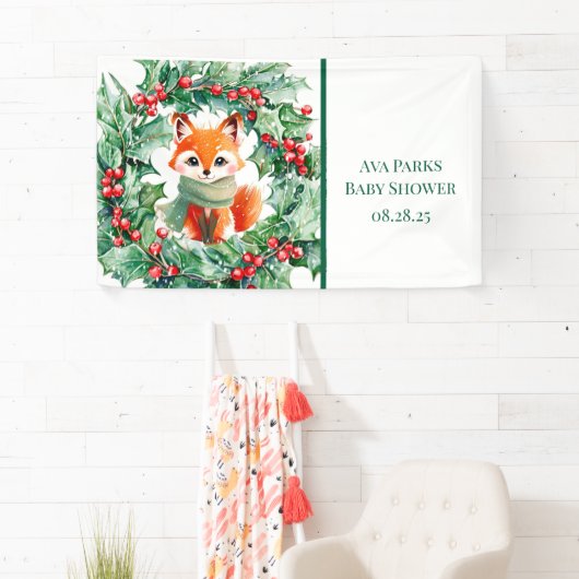 Winter Red Fox Green Berries Baby shower Welkom Spandoek (Insitu)