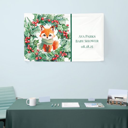Winter Red Fox Green Berries Baby shower Welkom Spandoek (Beurs)