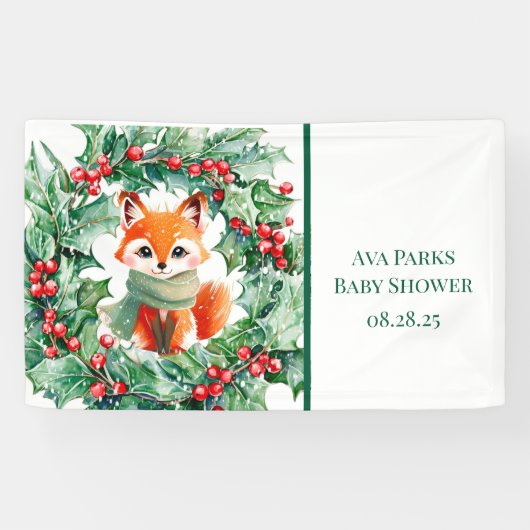 Winter Red Fox Green Berries Baby shower Welkom Spandoek (Horizontaal)