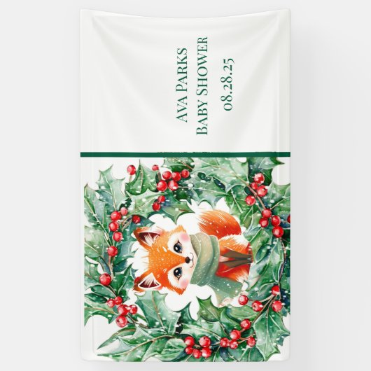 Winter Red Fox Green Berries Baby shower Welkom Spandoek (Verticaal)
