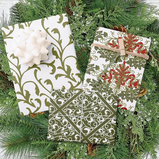 Winter Red Green Damask Traditional Kerstmis Inpakpapier Vel