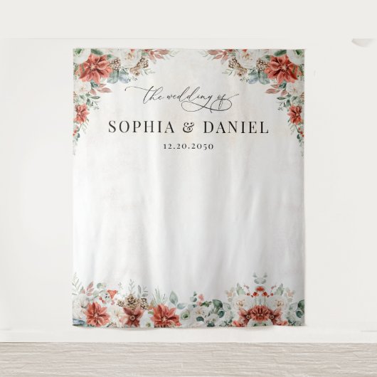 Winter Red Greenery Pinecone bruiloft achtergrond Wandkleed (Voorkant)