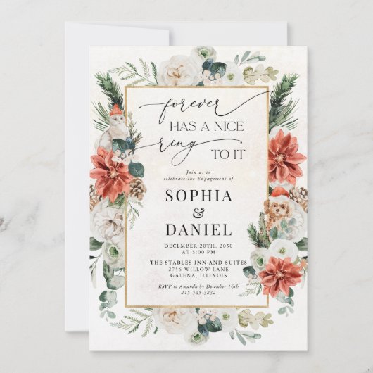 Winter Red Greenery Pinecone Engagement Party Kaart (Voorkant)