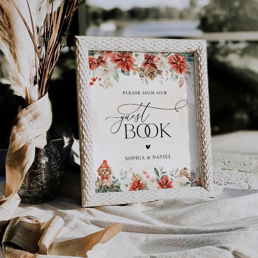 Winter Red Greenery Pinecone Guest Book Sign Reclamebord Met Voetstuk