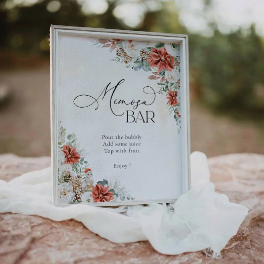 Winter Red Greenery Pinecone Mimosa Bar Sign Reclamebord Met Voetstuk