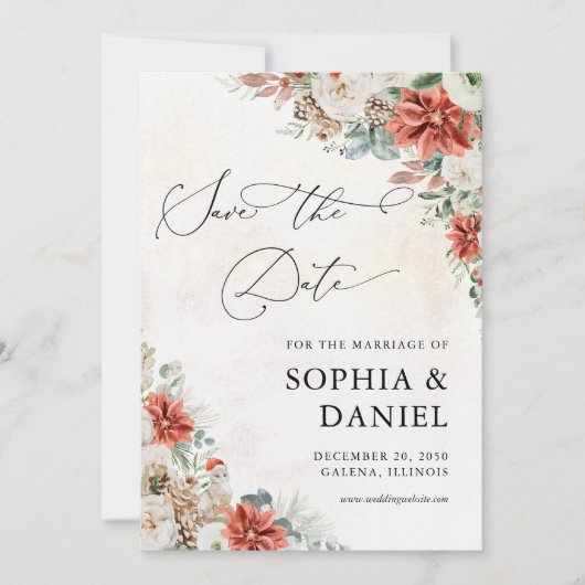 Winter Red Greenery Pinecone Save the Date Kaart (Voorkant)