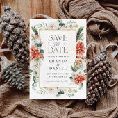 Winter Red Greenery Pinecone Save the Date Kaart
