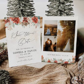 Winter Red Greenery Pinecone Save the Date Kaart