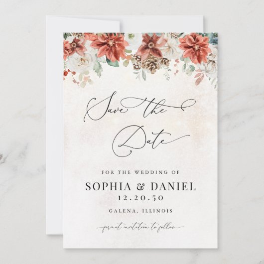 Winter Red Greenery Pinecone Save the Date Kaart (Voorkant)