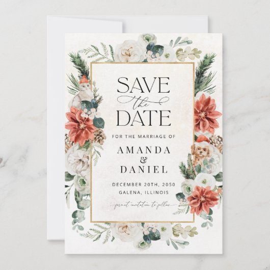 Winter Red Greenery Pinecone Save the Date Kaart (Voorkant)