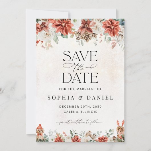 Winter Red Greenery Pinecone Save the Date Kaart (Voorkant)