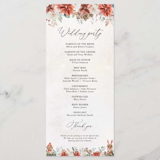 Winter Red Greenery Pinecone Trouwprogramma Programmakaart (Achterkant)