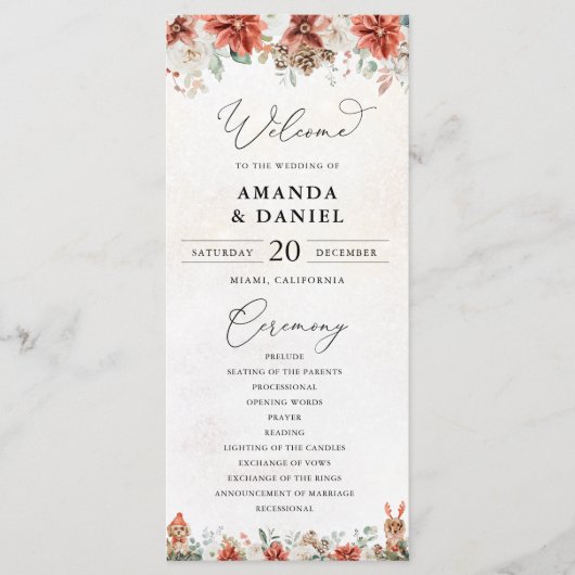 Winter Red Greenery Pinecone Trouwprogramma Programmakaart (Voorkant)