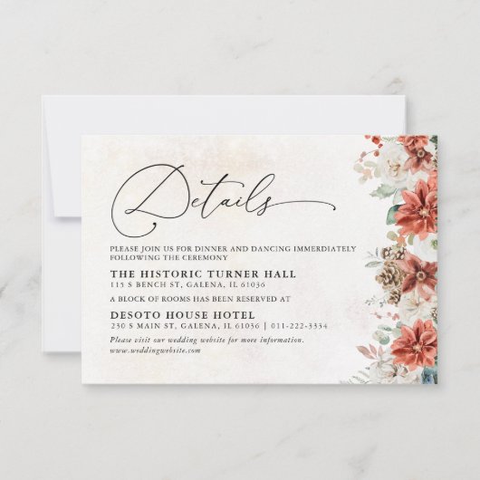 Winter Red Greenery Pinecone Wedding Details Kaart (Voorkant)