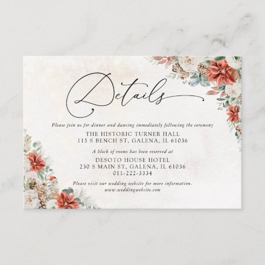 Winter Red Greenery Pinecone Wedding Details Kaart (Voorkant)