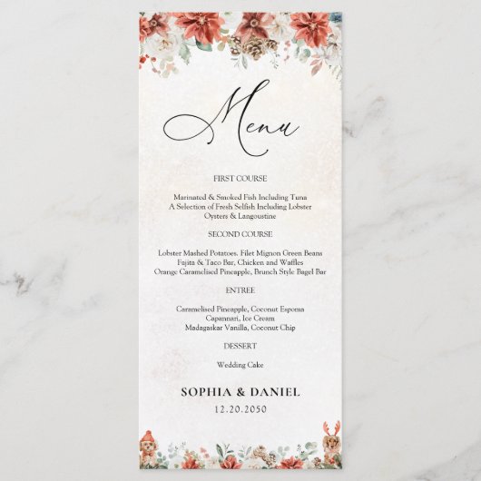 Winter Red Greenery Pinecone Wedding Menu (Voorkant)