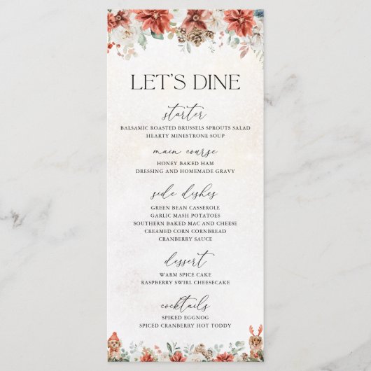 Winter Red Greenery Pinecone Wedding Menu (Voorkant)