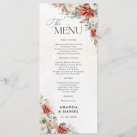 Winter Red Greenery Pinecone Wedding Menu (Voorkant)