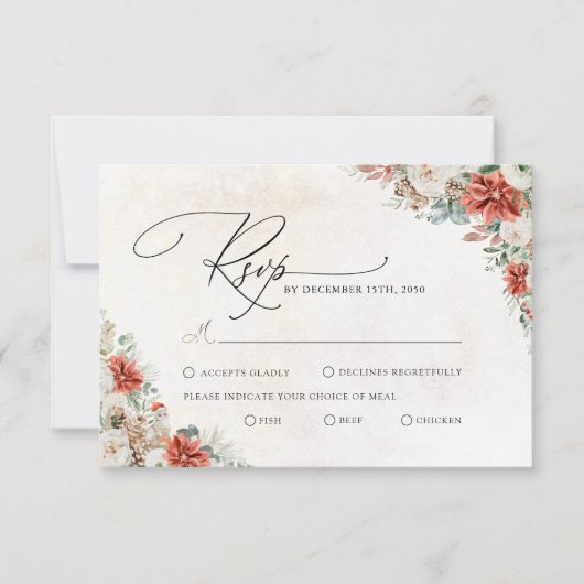 Winter Red Greenery Pinecone Wedding RSVP Kaart (Voorkant)