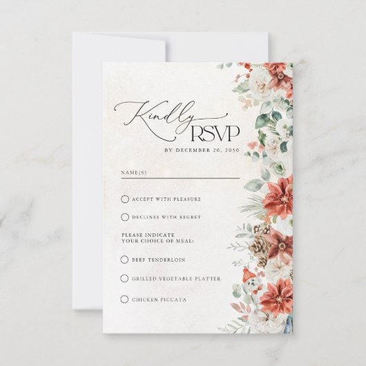 Winter Red Greenery Pinecone Wedding RSVP Kaart (Voorkant)
