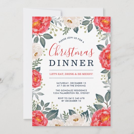 Winter Red Ivory Floral | Feestelijk kerstdiner Kaart (Voorkant)