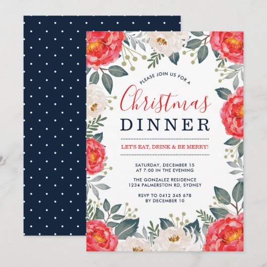 Winter Red Ivory Floral | Feestelijk kerstdiner Kaart (Voorkant / Achterkant)