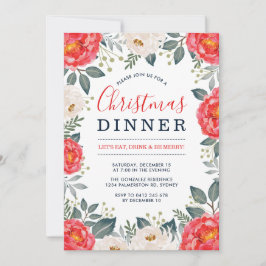 Winter Red Ivory Floral | Feestelijk kerstdiner Kaart