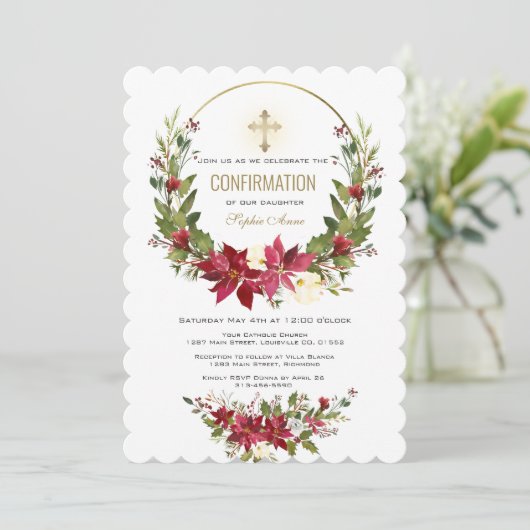 Winter Red Poinsettia Gold Cross bevestiging Kaart (Staand voorkant)