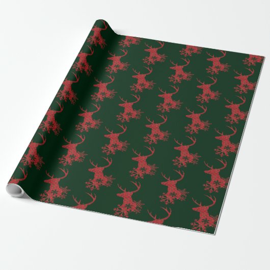 Winter Red Poinsettia Snowflakes Kerstmis Deer Cadeaupapier (Uitgerold)